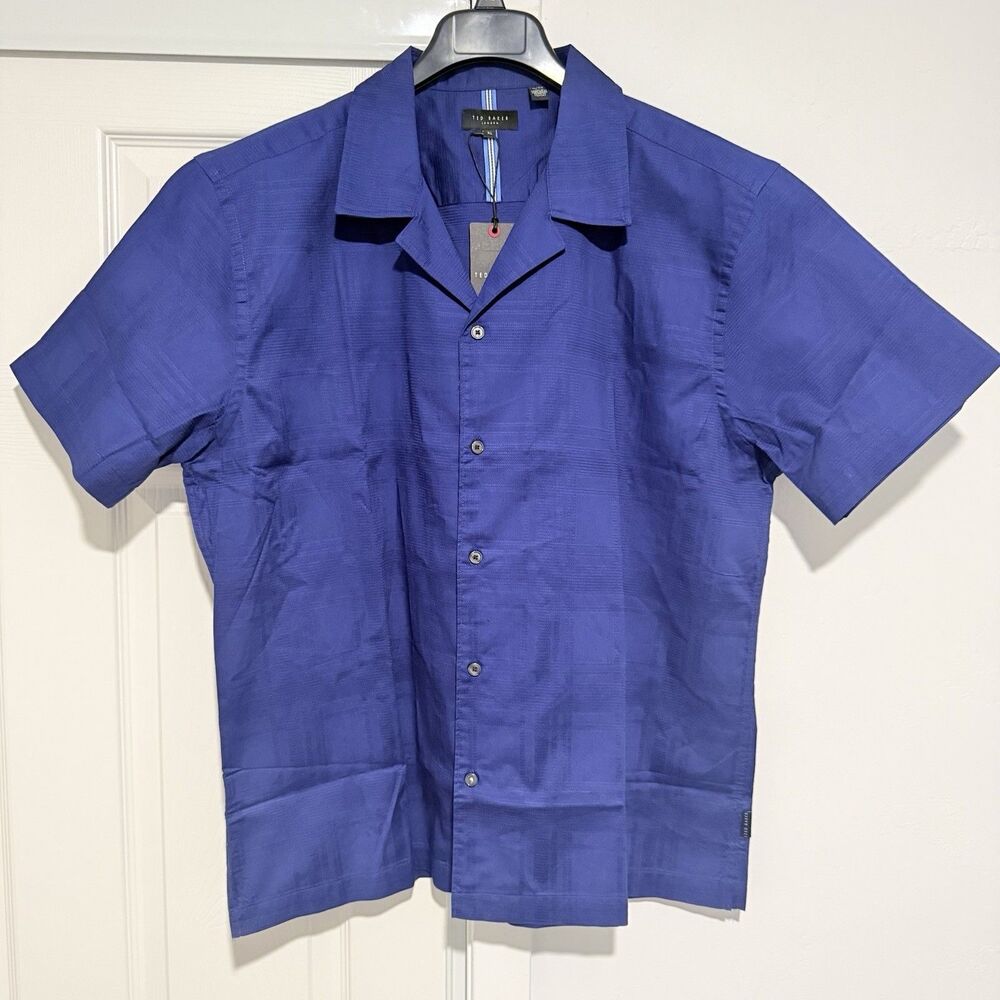 Ted Baker Camp Shirt Men’s Midnight Sail Textured Short Sleeve Button Down XL
